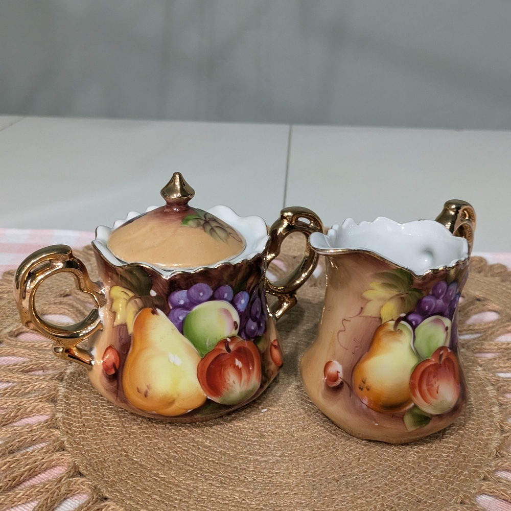 Vintage Lefton Brown Fruit Creamer & Sugar Set w/Lid – Gold Trim Japan